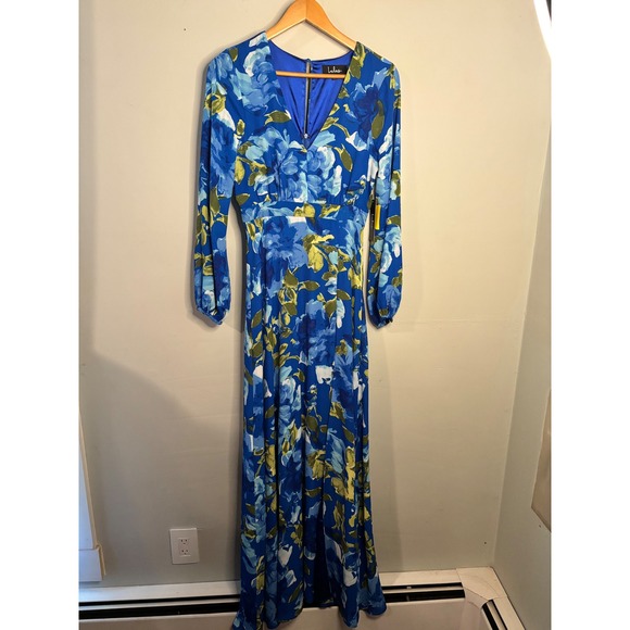 Lulus Dresses & Skirts - Lulus Blue Floral Maxi Dress Long Sleeve V Neck Front Slit NWT XS